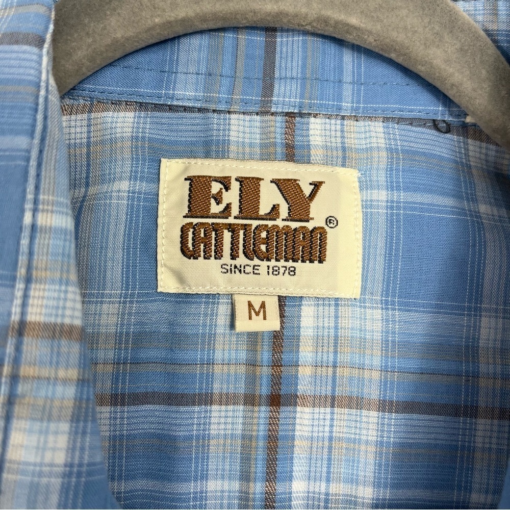 Ely Cattlemen Size Medium Pearl Snap Blue Plaid Short Sleeve Western Shirt AA4 - Picture 3 of 7